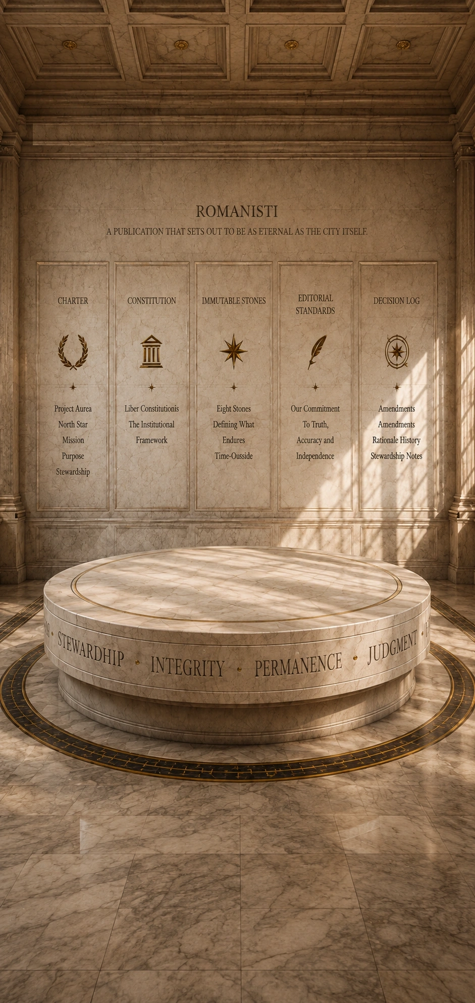 The Governance Room, showing the Charter, Constitution, Immutable Stones, Editorial Standards, and Decision Log panels above the council table.