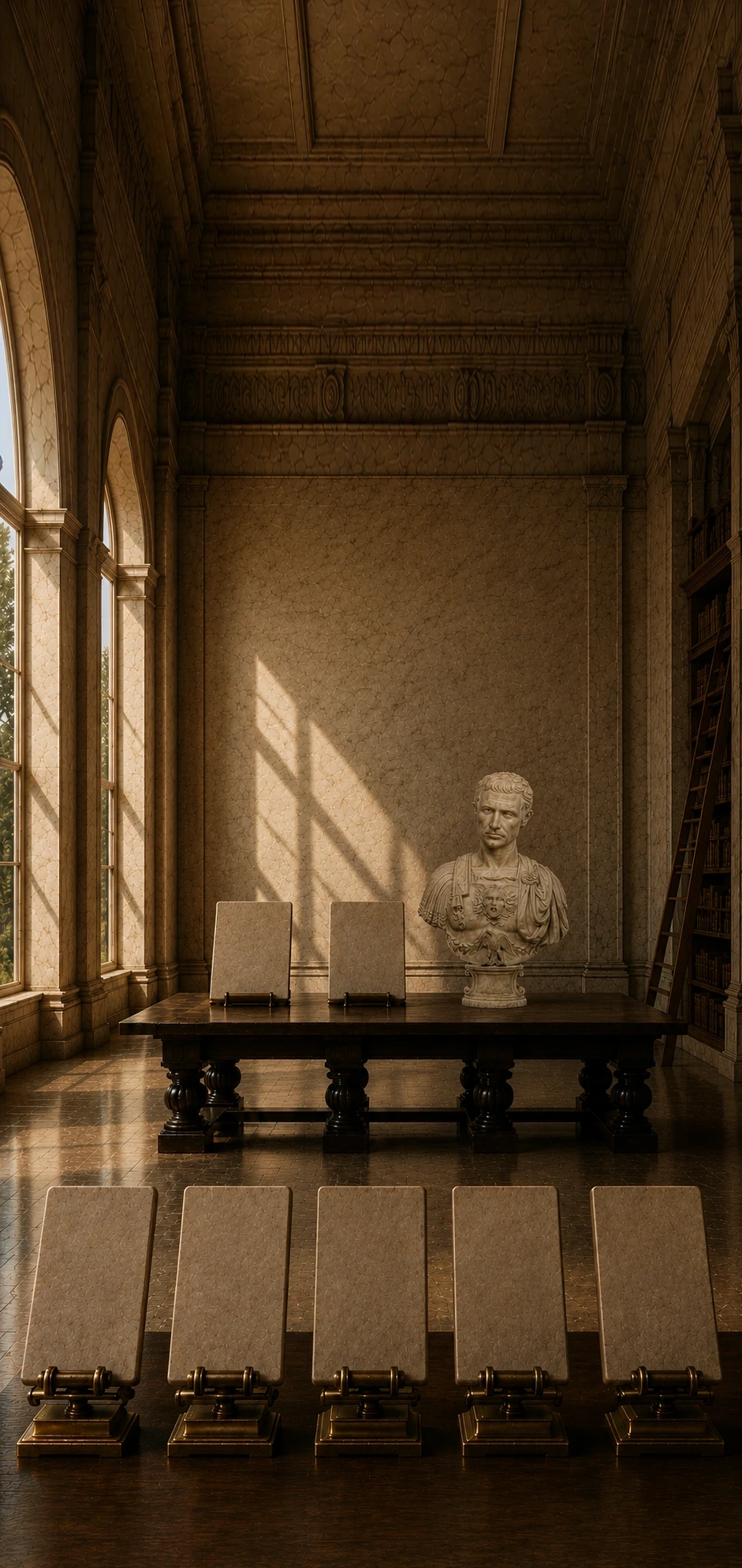 The Reading Room, with five blank stone Liberi in the foreground.