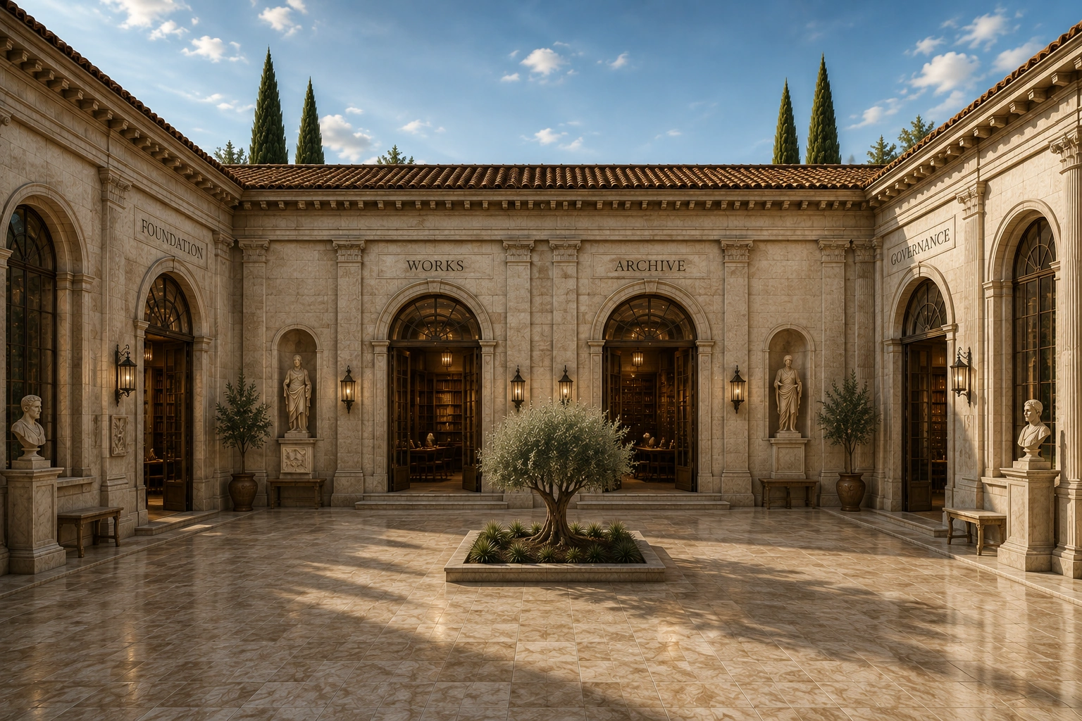 The open-air Bibliotheca cloister with entrances to Foundation, Works, Archive, and Governance arranged around a central olive court.