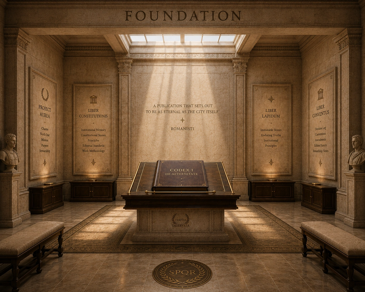 The Foundation Room of the Bibliotheca, preserving Project Aurea, Liber Constitutionis, Liber Lapidum, Liber Conventus, the North Star, and Codex I — De Aeternitate.