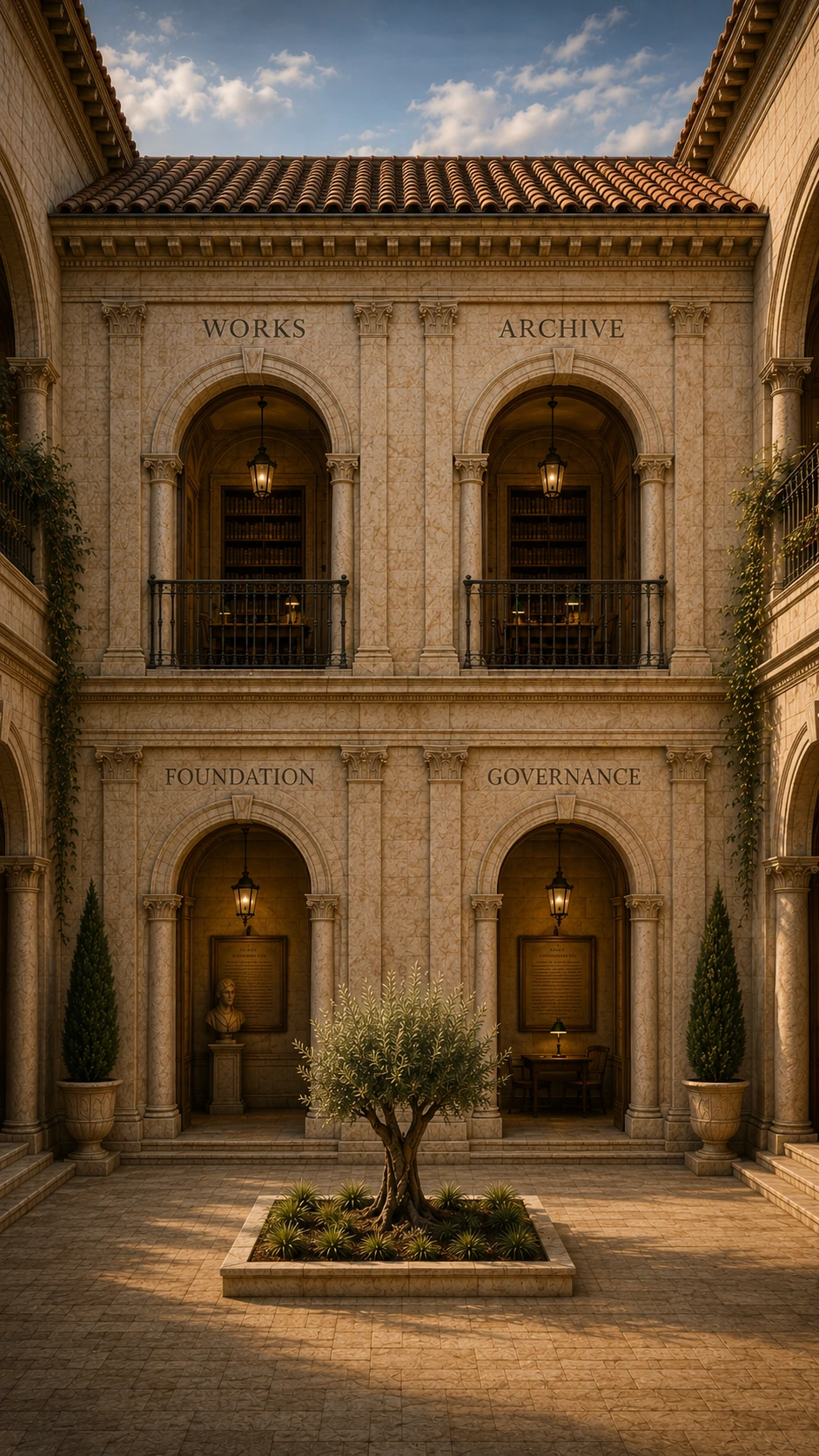 The Bibliotheca courtyard, with Foundation and Governance below and Works and Archive above.
